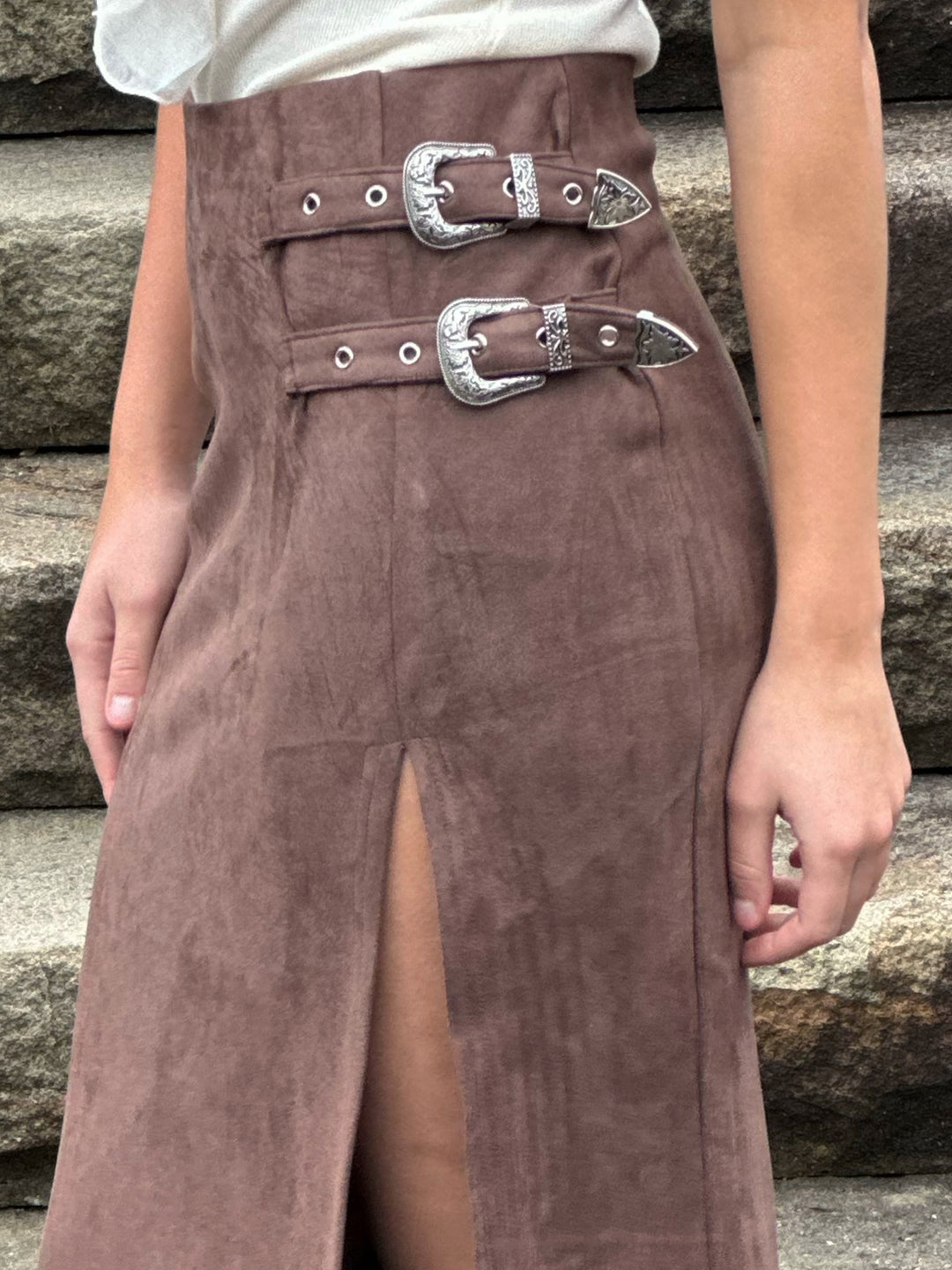 Suede Western Buckle Front Slit Maxi Skirt