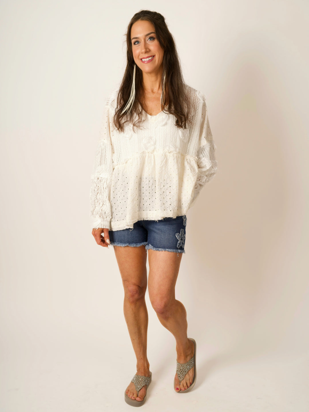 POL Vintage Lace V-Neck Balloon Sleeve Top with Floral Appliqué