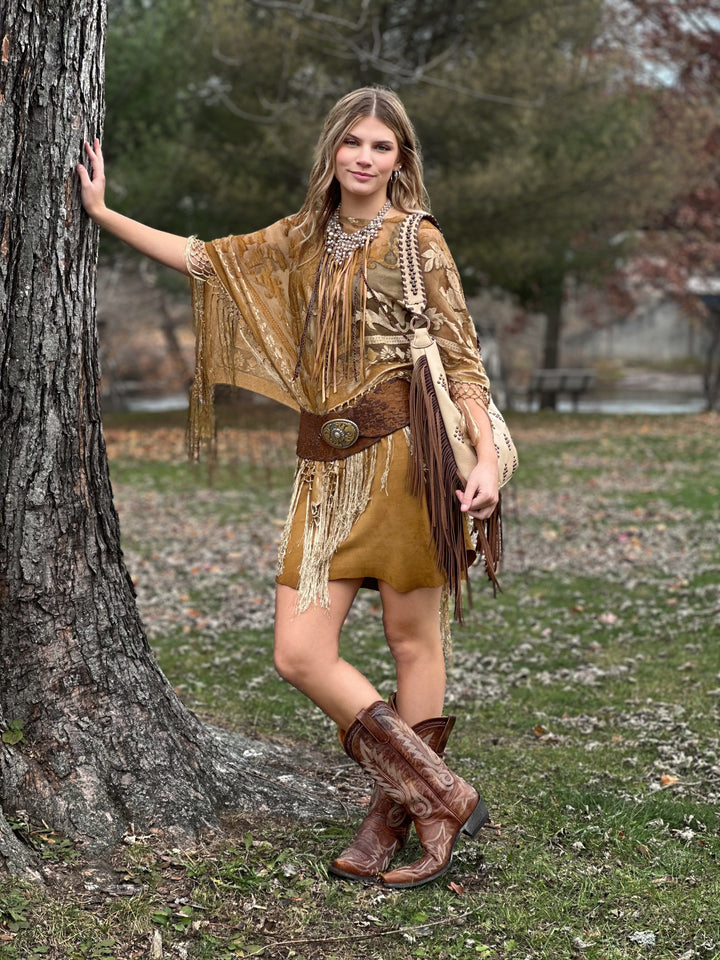 Burnout Velvet Poncho with Fringe
