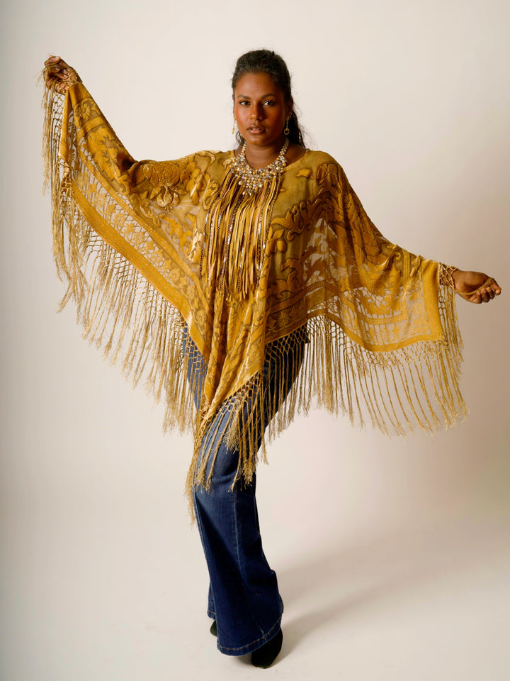 Burnout Velvet Poncho with Fringe