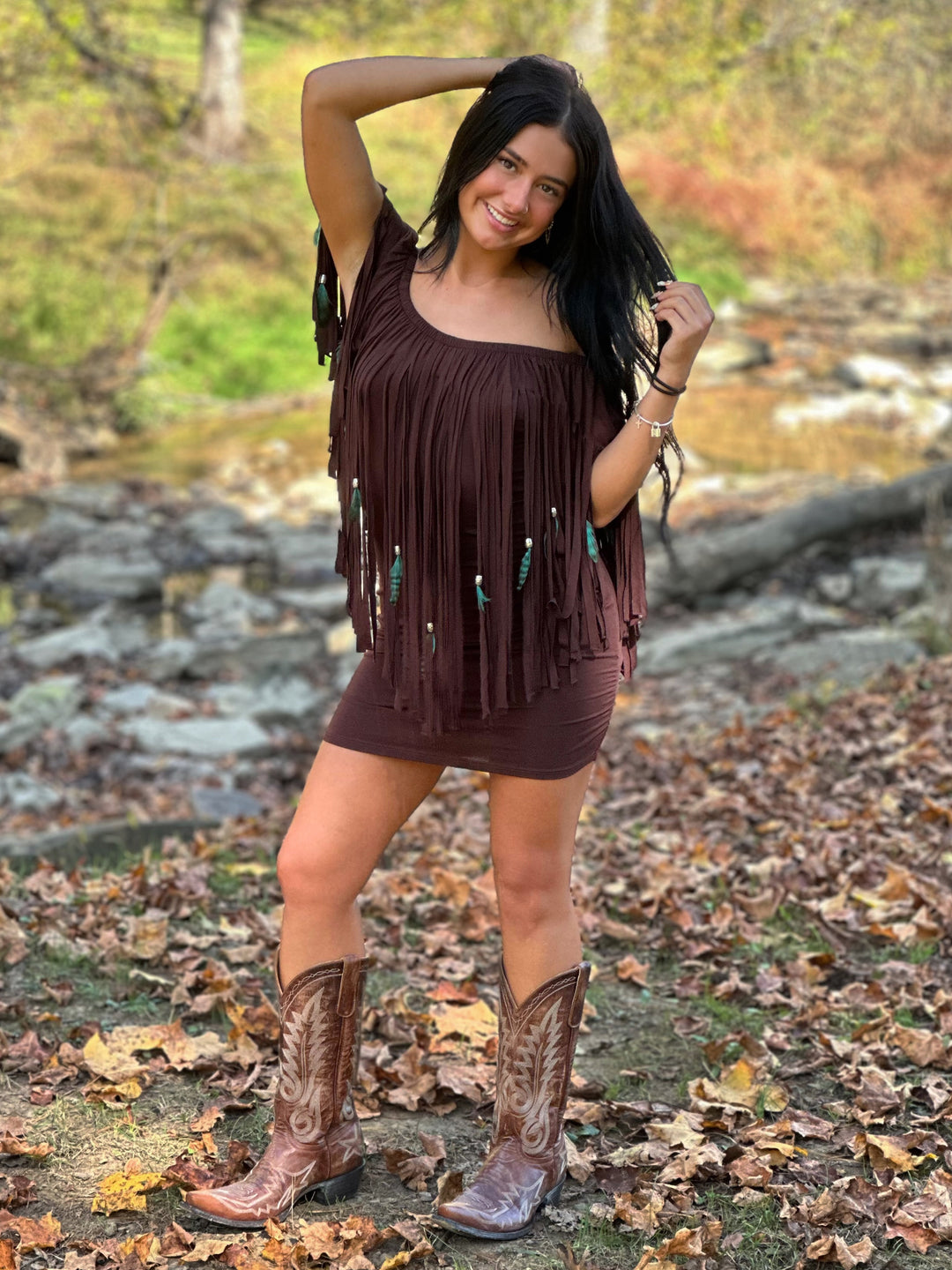 Feather & Fringe Peasant Body-con Mini Dress Dark brown / Medium Feather & Fringe Peasant Body-con Mini Dress Dark brown / Medium