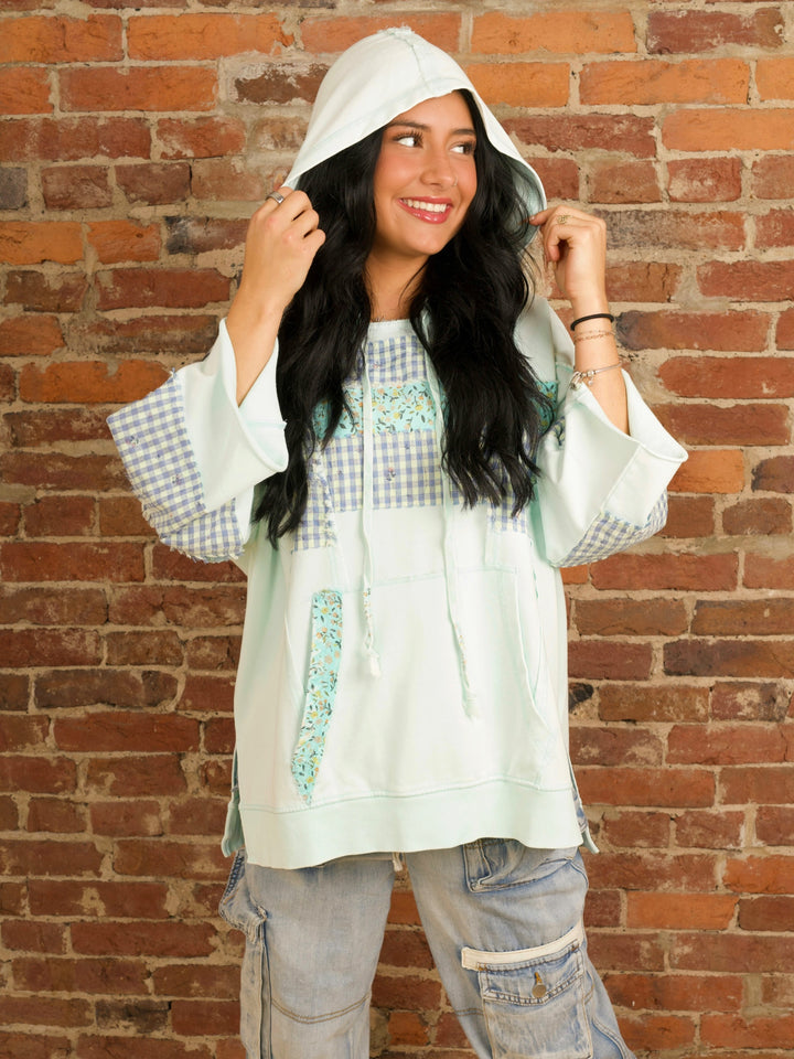 Mint Blue Oversized Floral Print Hooded Pullover