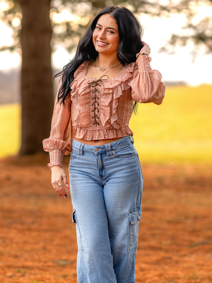 Rosewood Embroidered Peasant Blouse with Ruffled Lace-Up Front