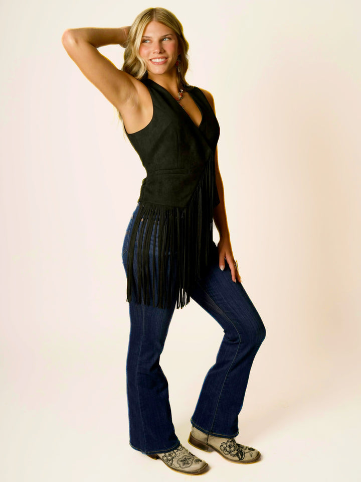 Black Faux Suede Asymmetrical Fringe Western Vest