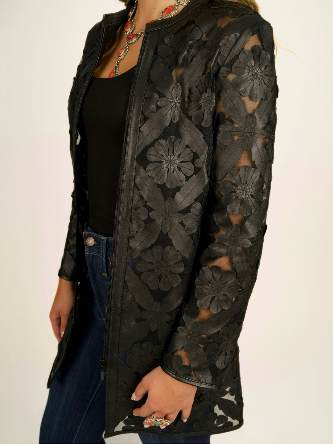 Black Laser Cutout Leather Jacket