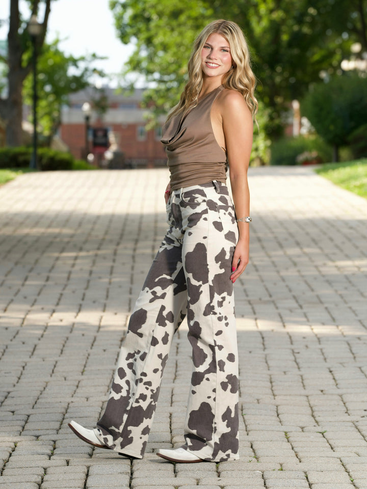 High Rise Wide Leg Cow Print Jeans