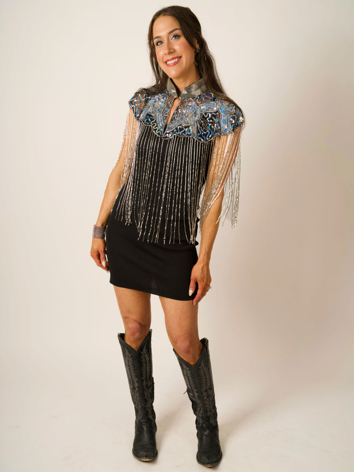 Iridescent Blue Beaded Cape
