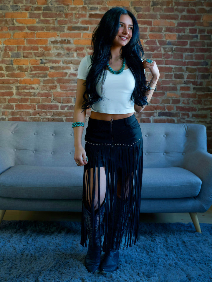 Black Suede Fringe Studded Shorts