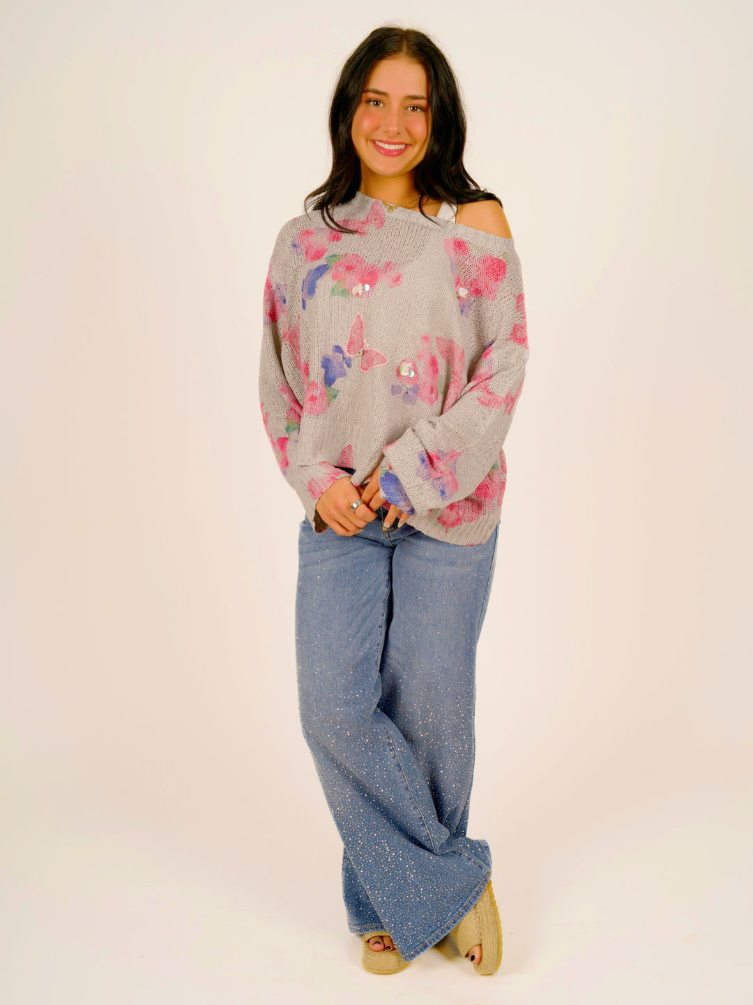 POL Butterfly Sparkle Romantic Long Sleeve Sweater