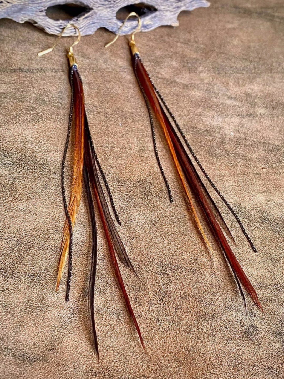 Handcrafted Fawn/Black Mini Feather Dangle Earrings