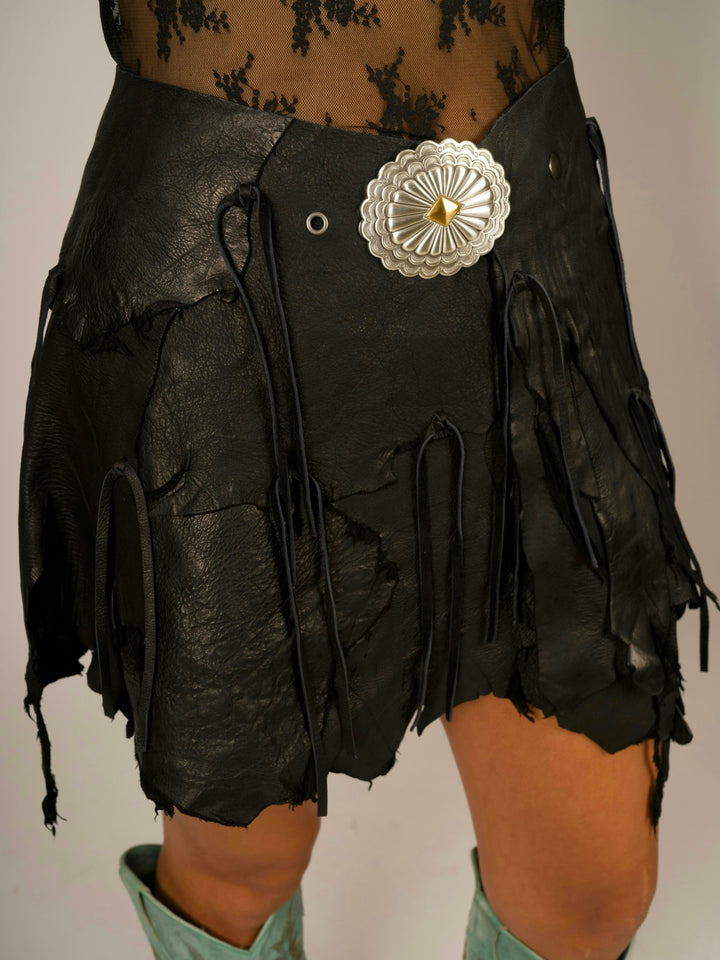 Belt Buckle Black Deer Skin Leather Fringe Wrap Mini Skirt