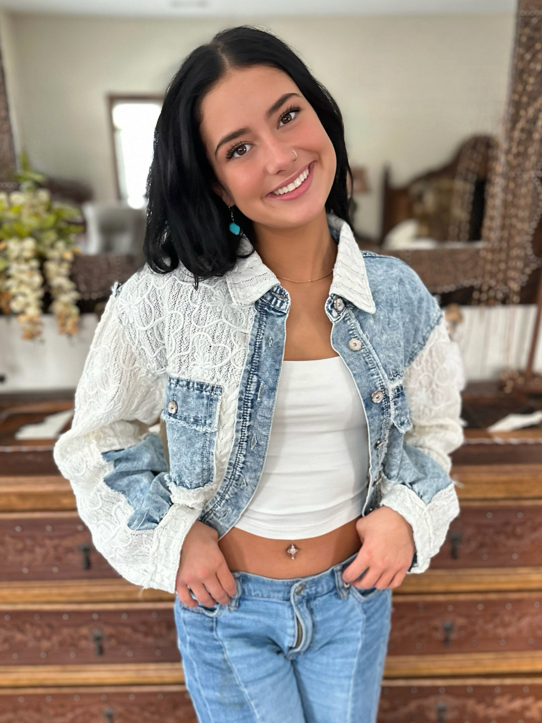 POL Dreamy Denim Lace Jacket