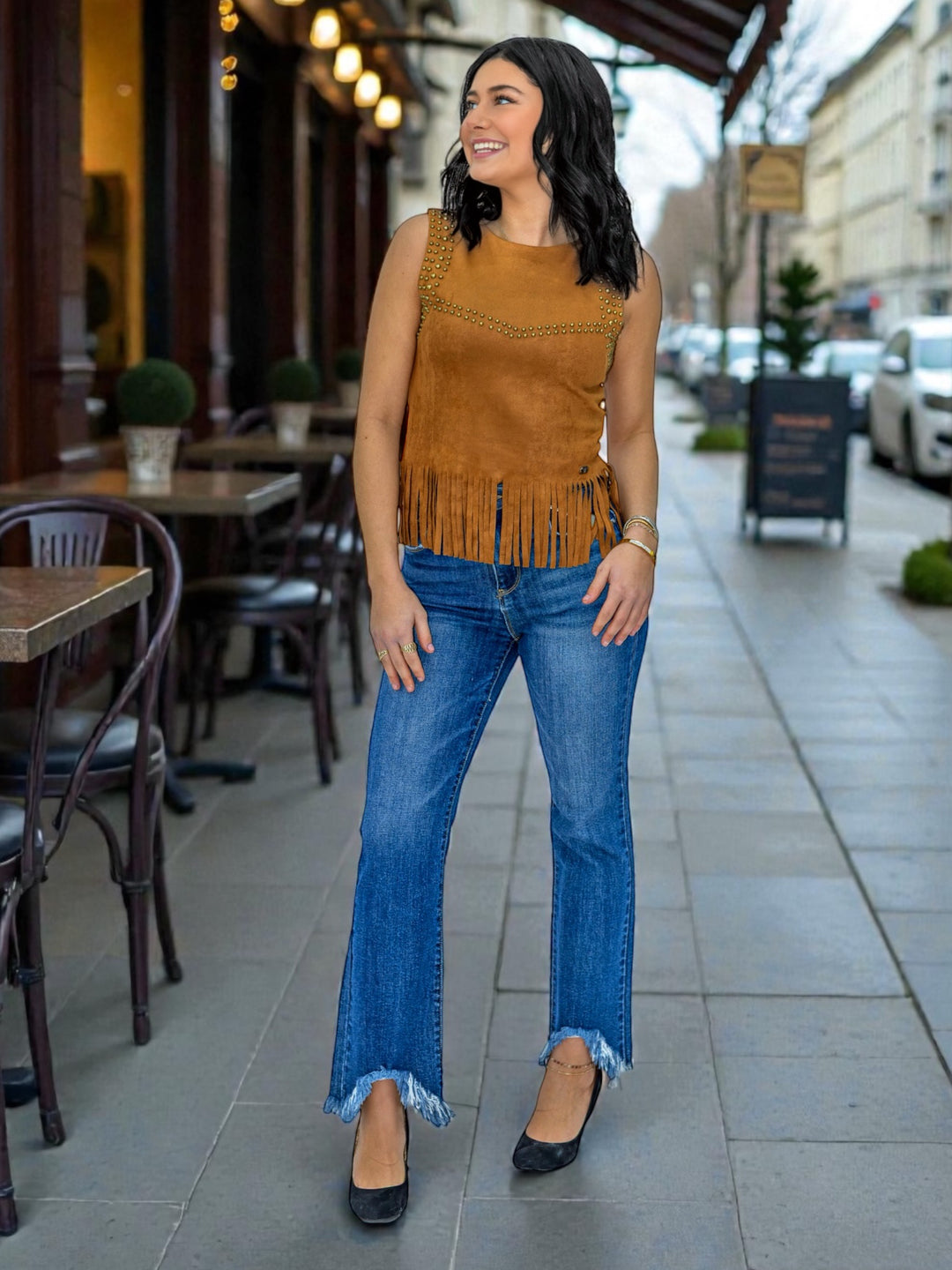 Giddy Up Glam Studded Suede Fringe Tank
