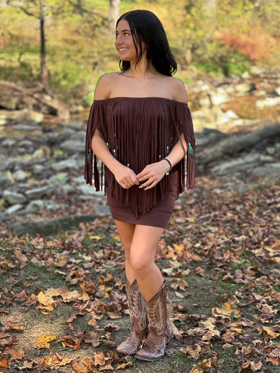 Feather & Fringe Peasant Body-con Mini Dress Dark brown / Medium