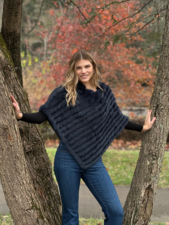 Navy Knitted Rabbit Fur Poncho