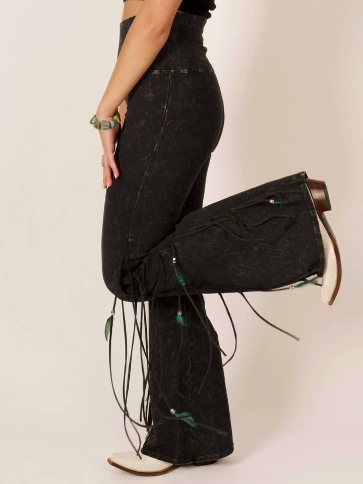 Black Half Fringe & Feather Mineral Wash Western Leggings