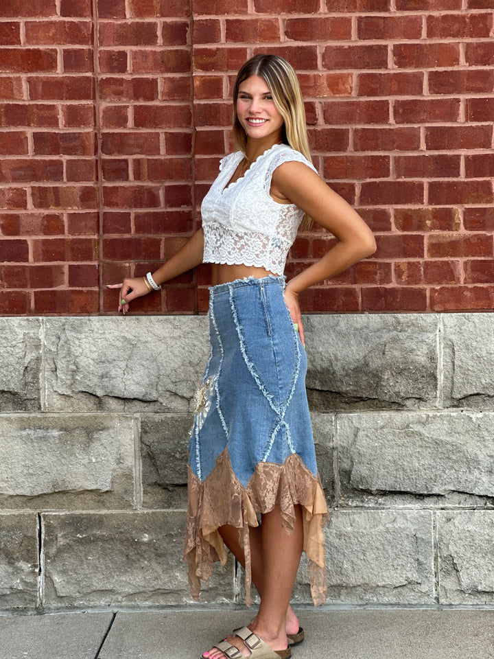 Savanna Lace Denim Midi Skirt