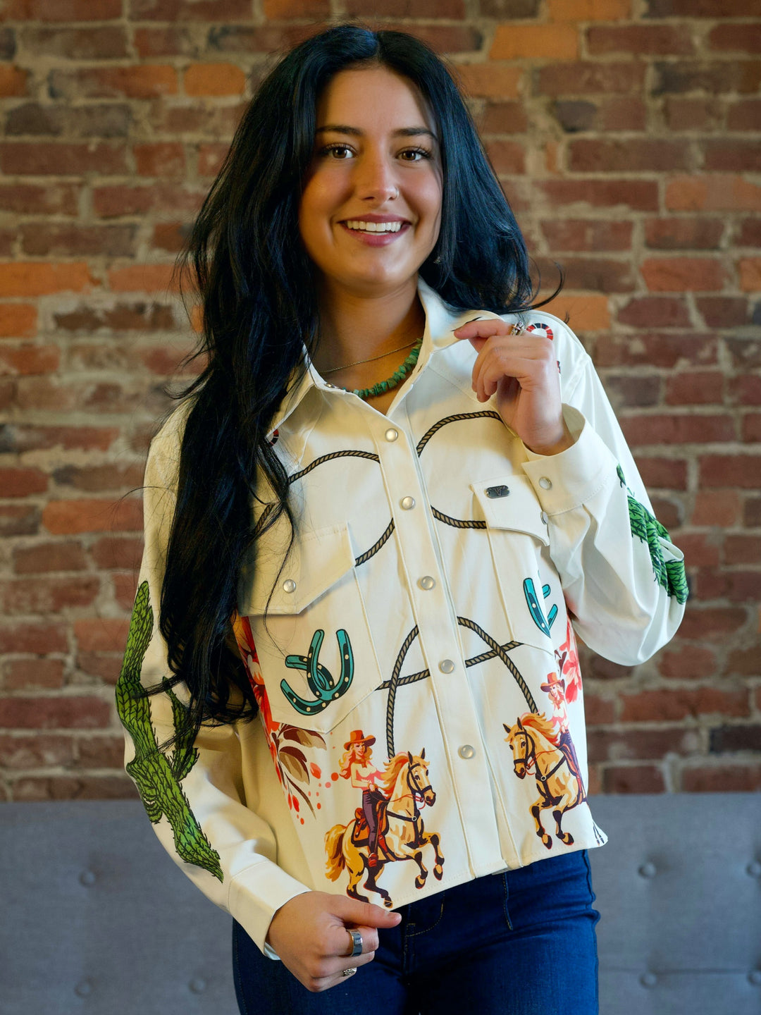 Retro Cowgirl Western Pearl Snap Button Down Shirt