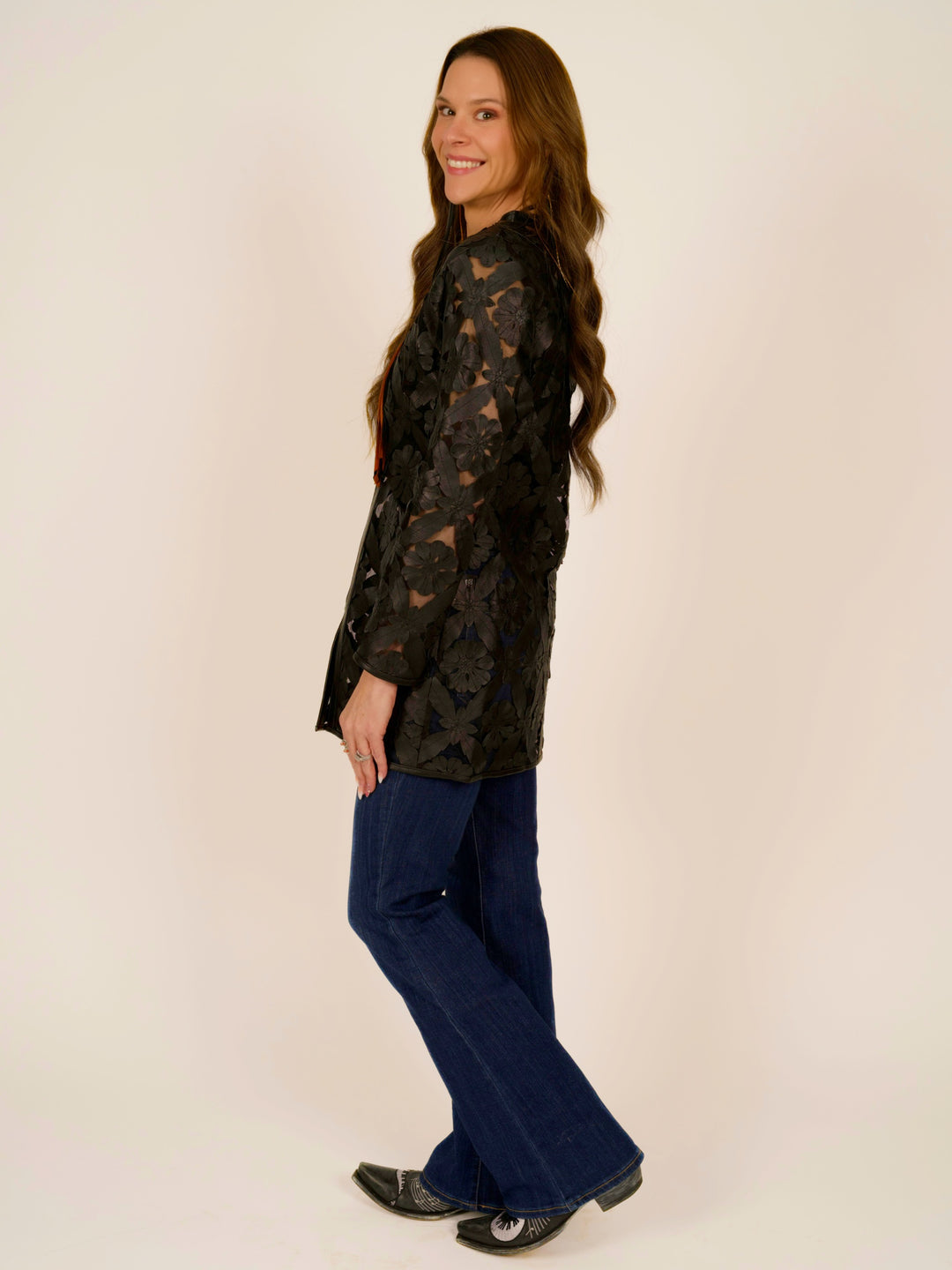 Black Laser Cutout Leather Jacket