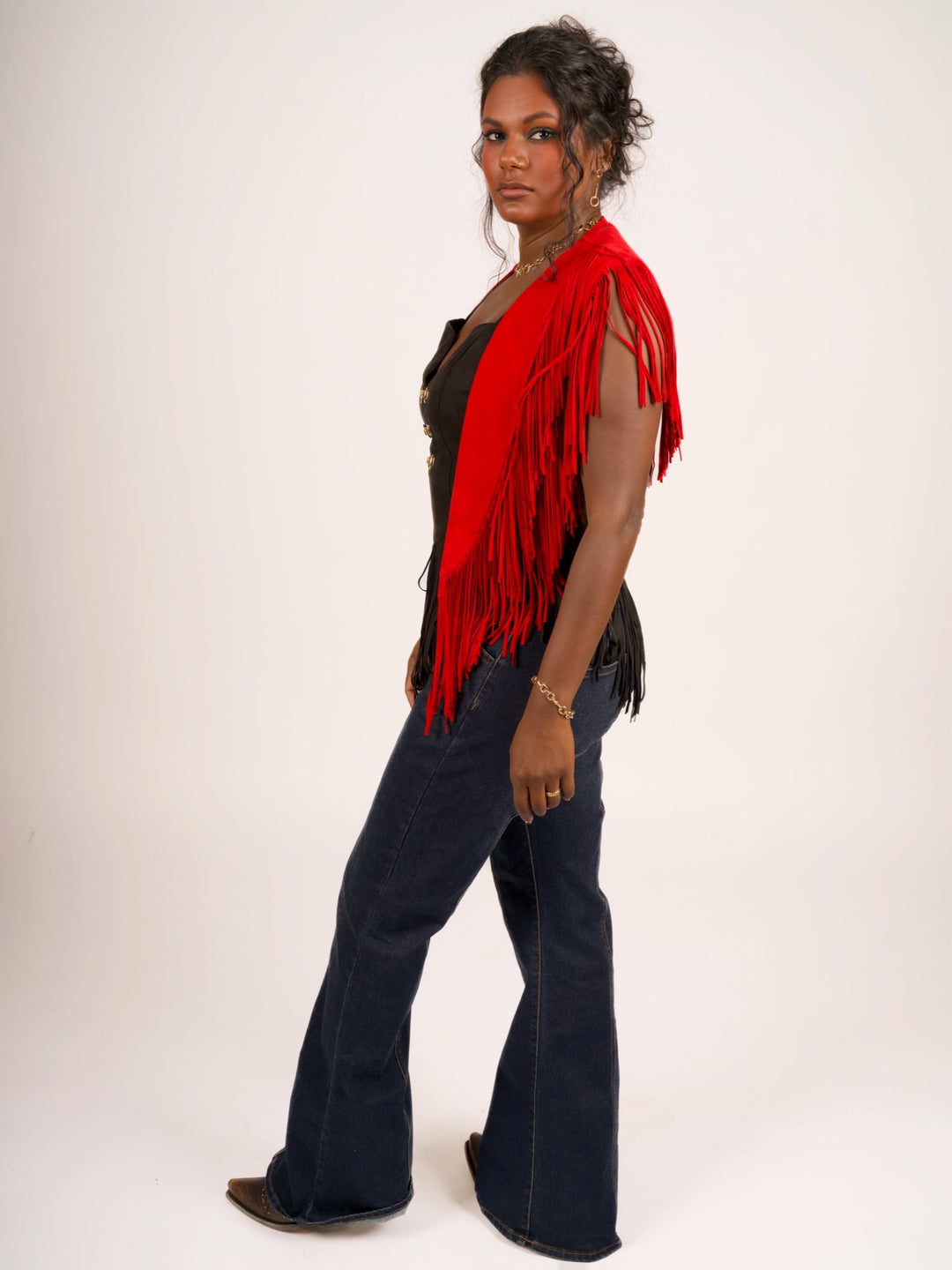 Handcrafted Red Suede Leather Fringe Shoulder Collar