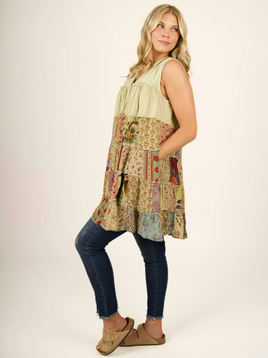 Sleeveless V-Neck Boho Tiered Patchwork Tunic Blouse / Dress