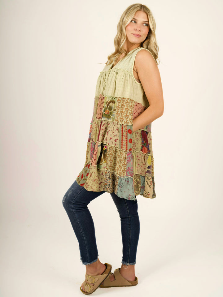 Sleeveless V-Neck Boho Tiered Patchwork Tunic Blouse / Dress