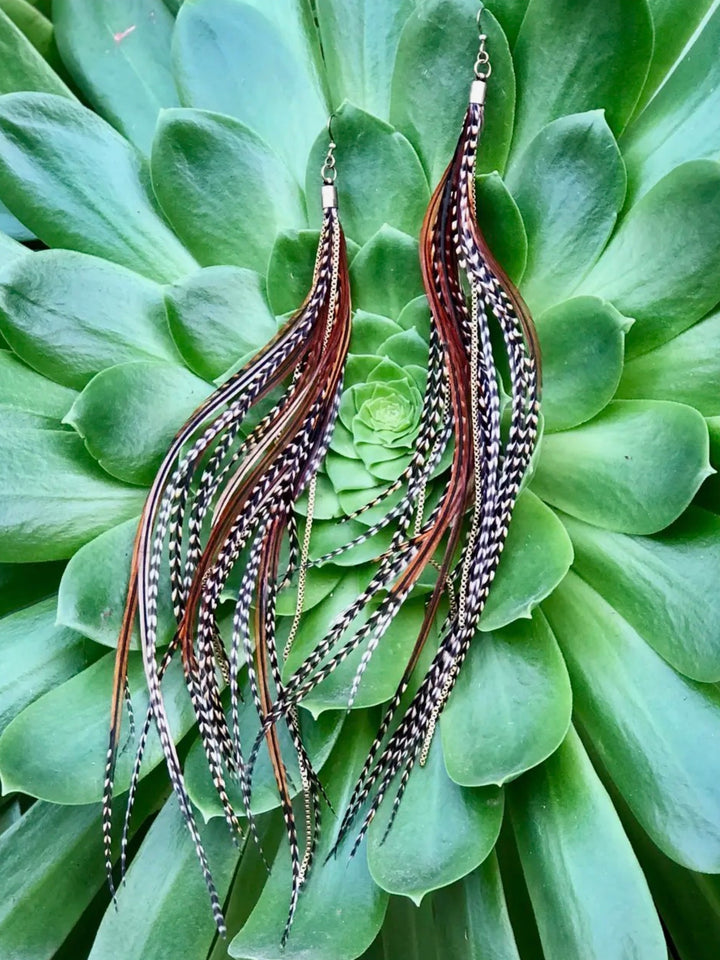 Extra Long  Fawn & Grizzly Feather Earrings