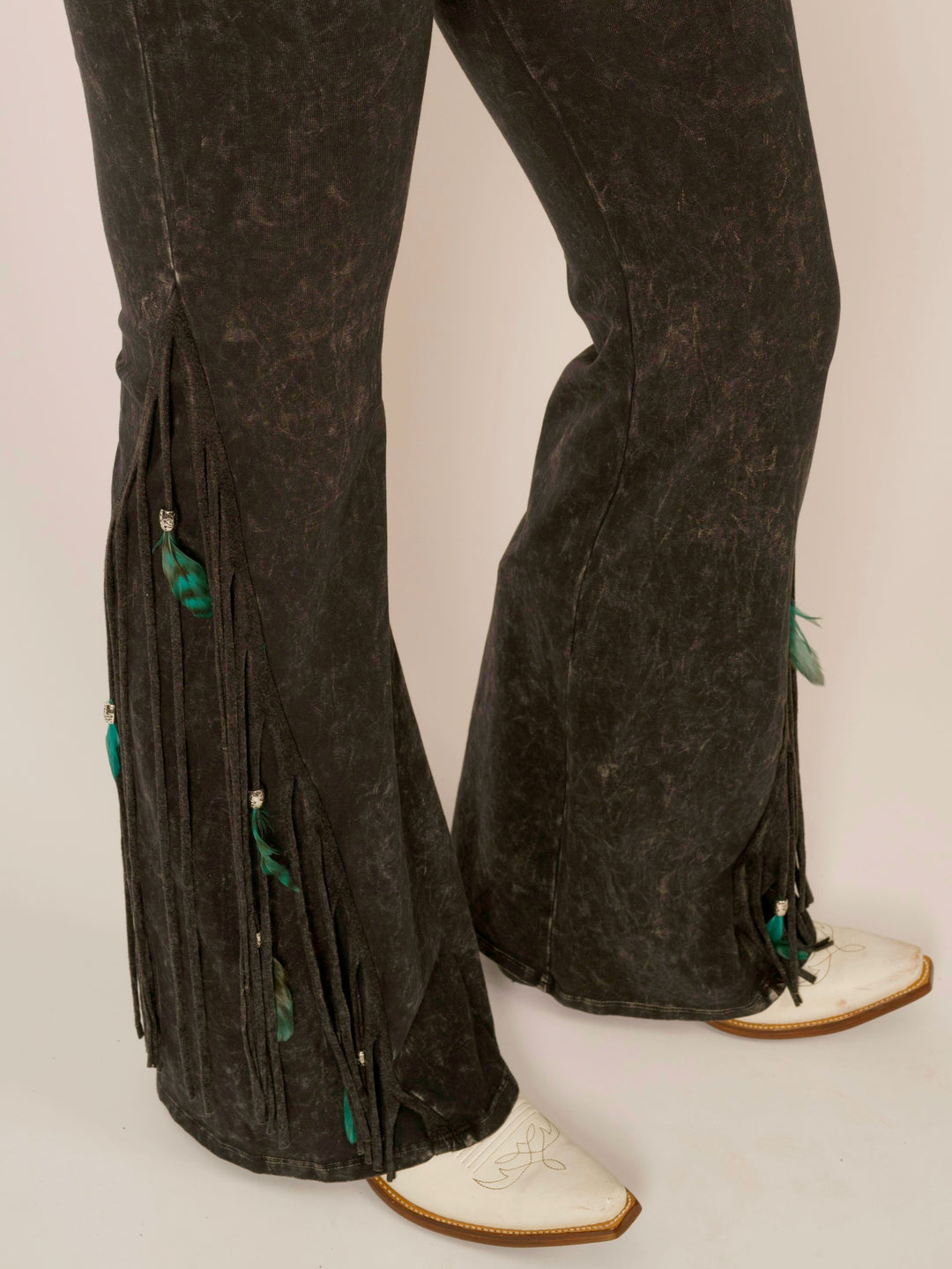 Black Half Fringe & Feather Mineral Wash Western Leggings