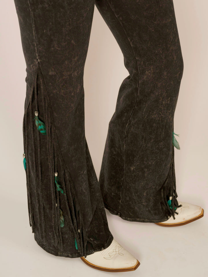 Black Half Fringe & Feather Mineral Wash Western Leggings