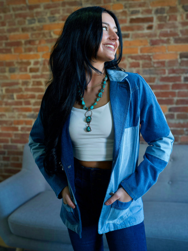 Two-Toned Patchwork Denim Blazer