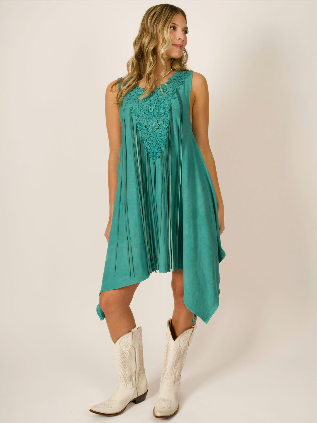 Turquoise Shark Bite Designer Sleeveless Dress w/ Deerskin Fringe & Lace Neckline
