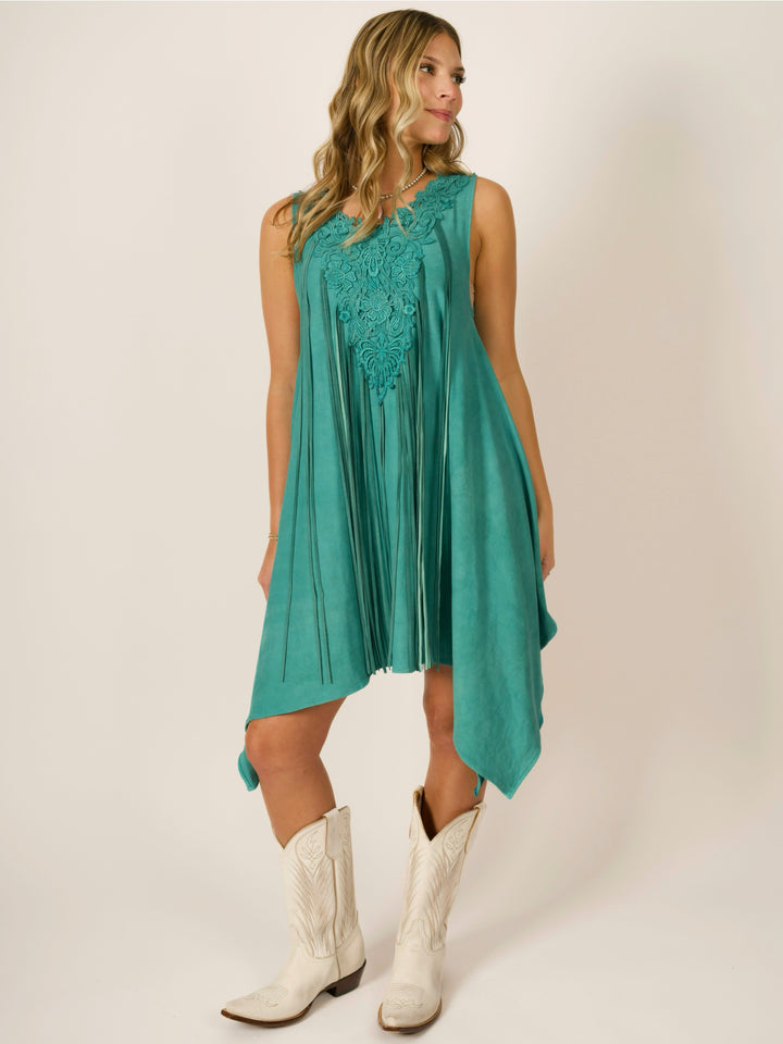 Turquoise Shark Bite Designer Sleeveless Dress w/ Deerskin Fringe & Lace Neckline