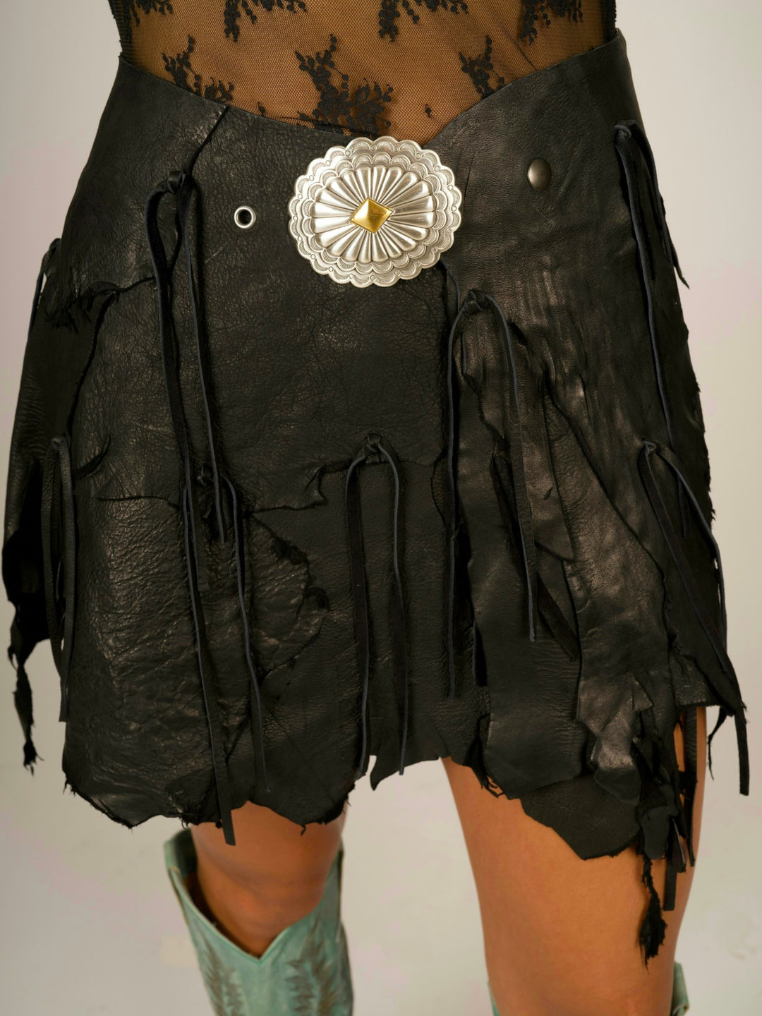 Belt Buckle Black Deer Skin Leather Fringe Wrap Mini Skirt