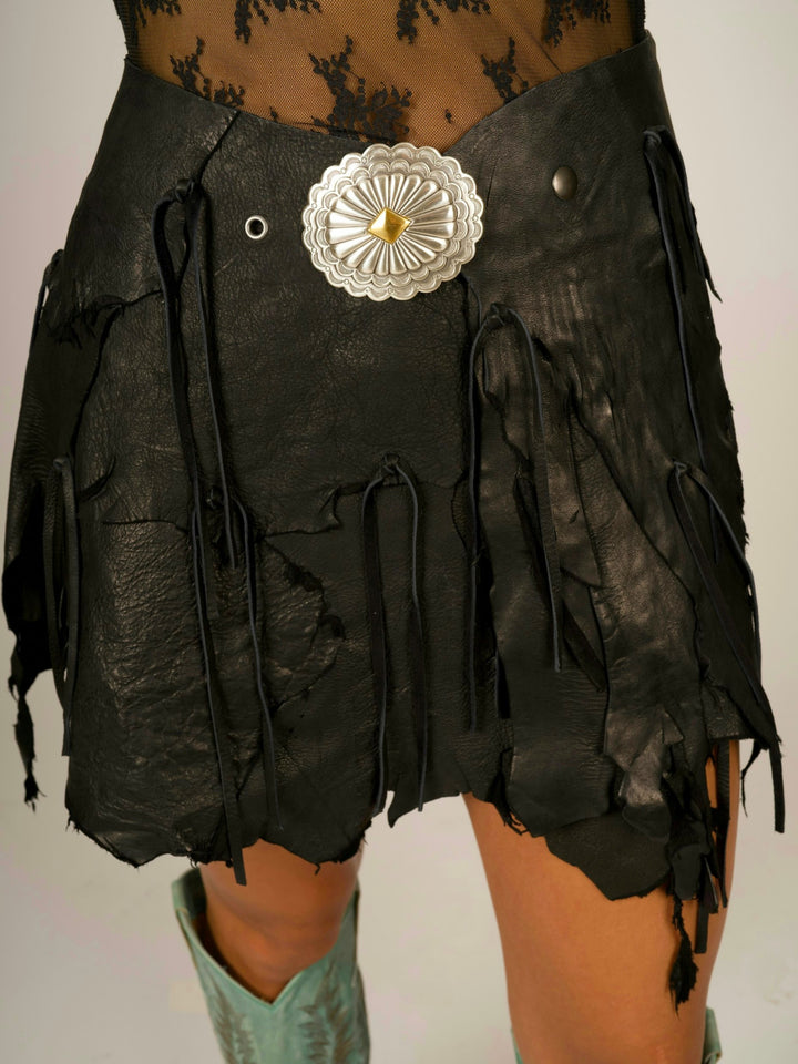 Belt Buckle Black Deer Skin Leather Fringe Wrap Mini Skirt