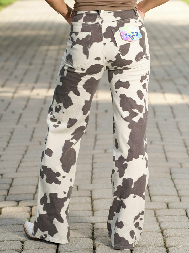 High Rise Wide Leg Cow Print Jeans