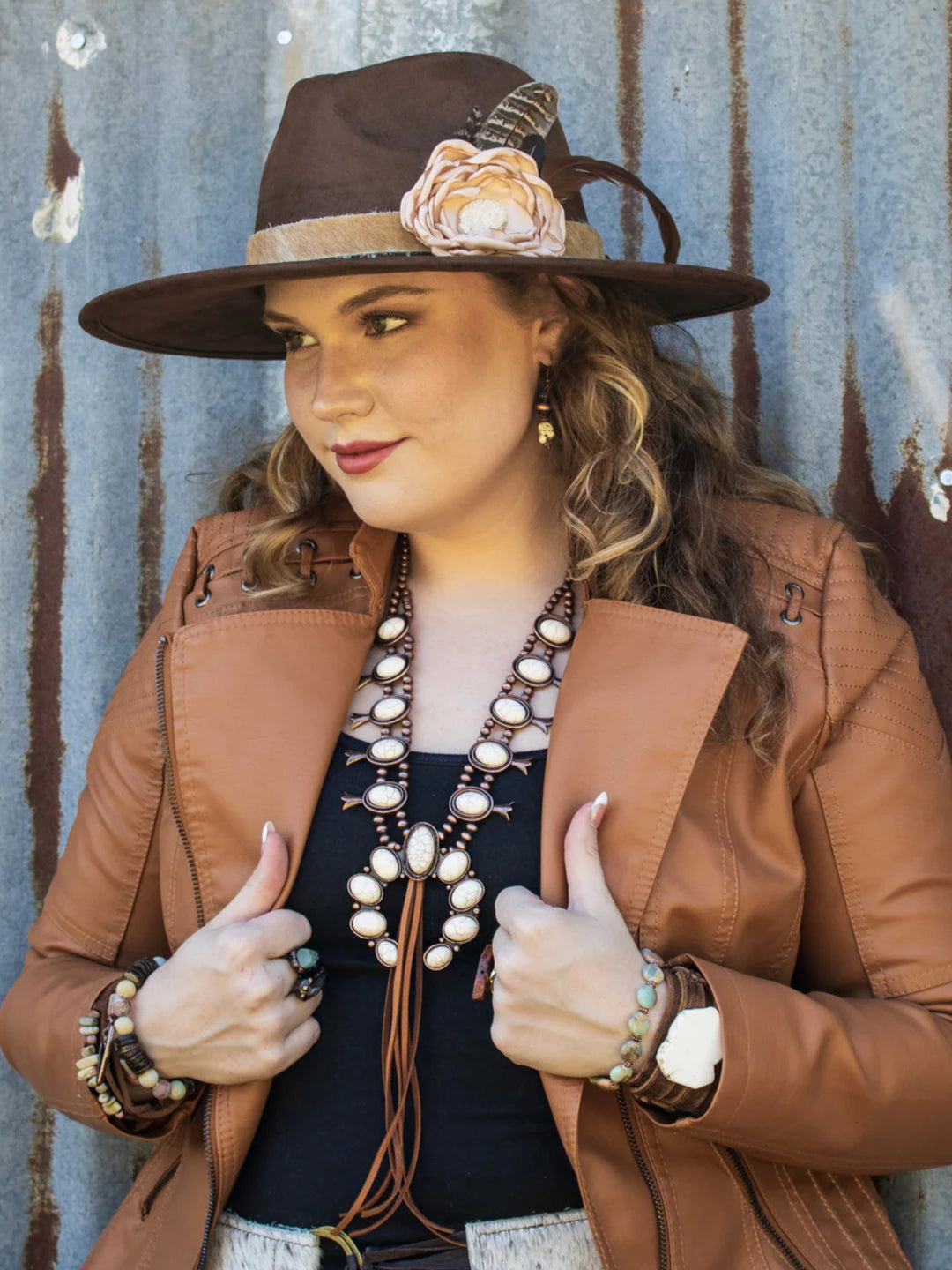 White Turquoise Squash Blossom Necklace w/ Tan Tassel