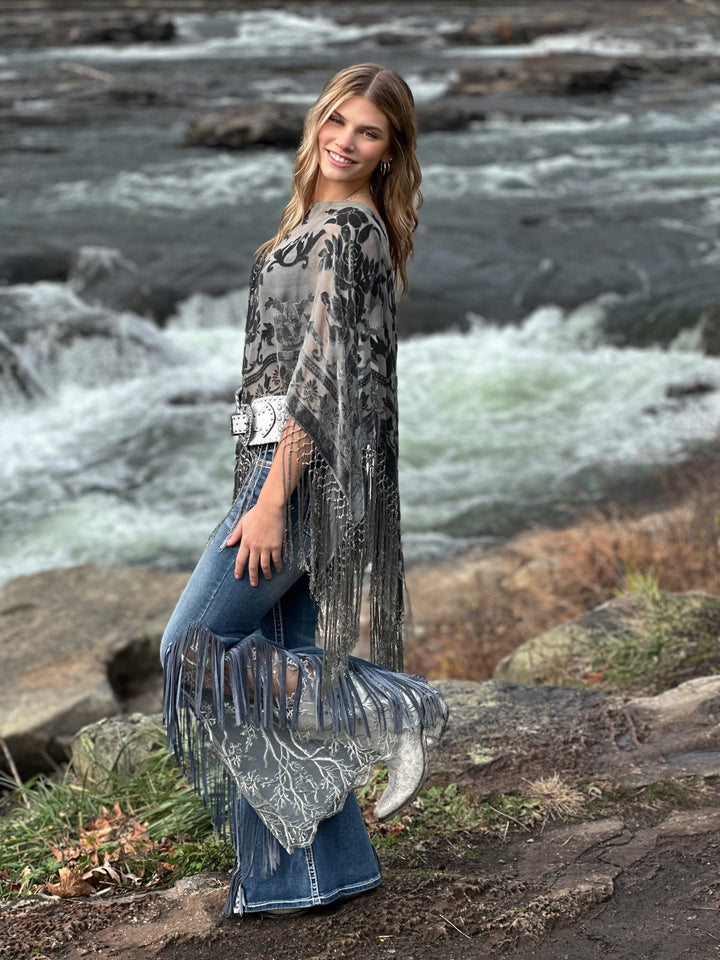 Burnout Velvet Poncho with Fringe