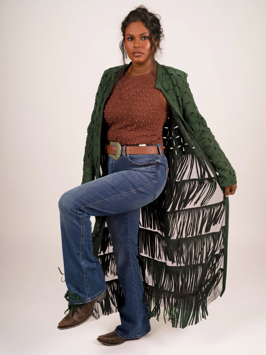 Genuine Suede Leather Laser-Cut Fringe Duster Jacket