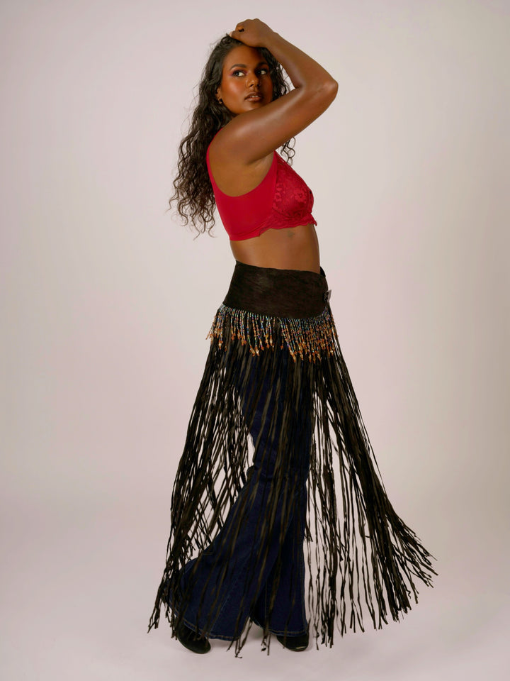 Long Suede Fringe Western Belt with Iridescent Beading by Pat Dahnke