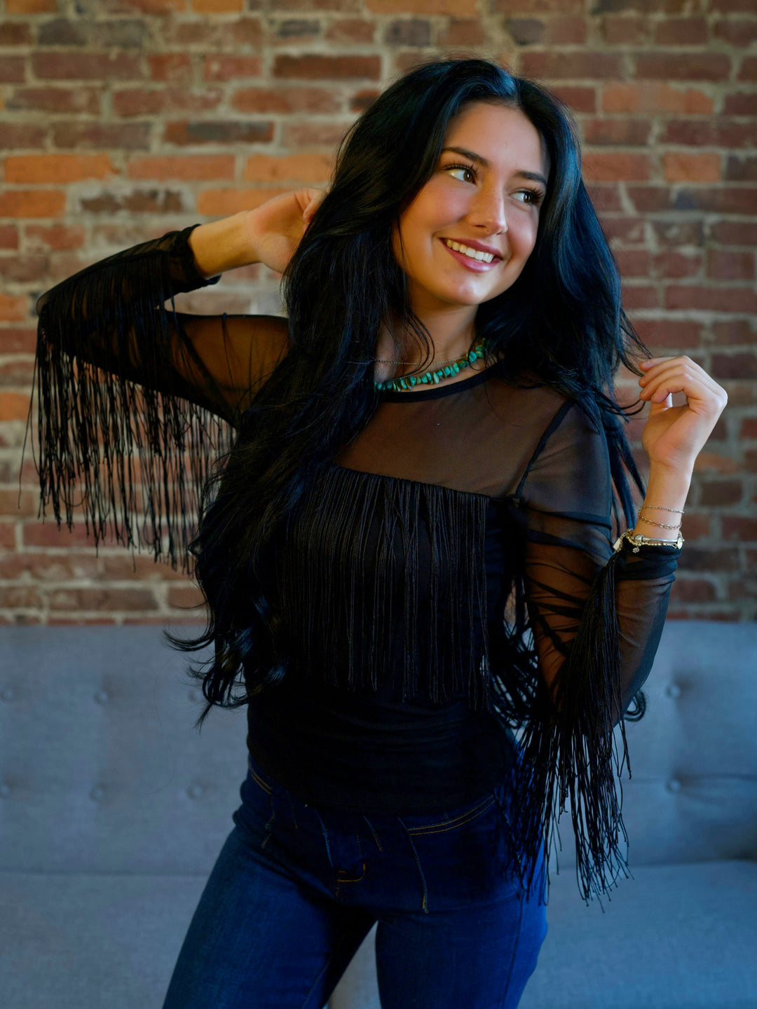 Women’s Black Fringe Trim Long Sleeve Mesh Western Top