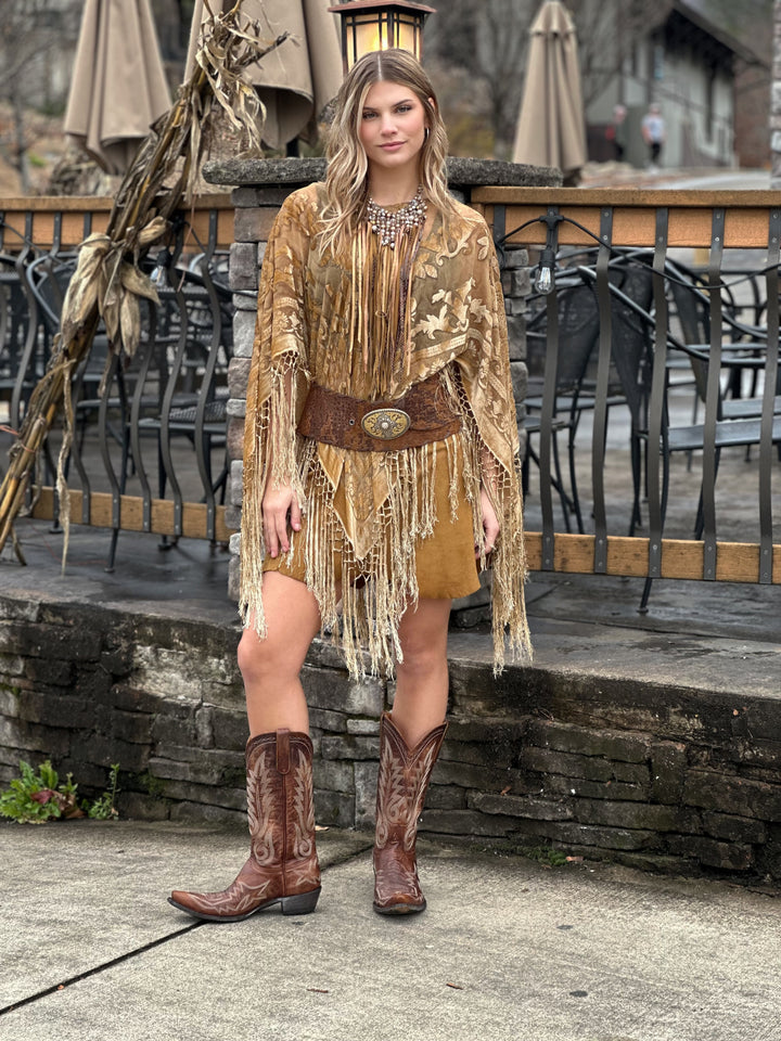 Burnout Velvet Poncho with Fringe