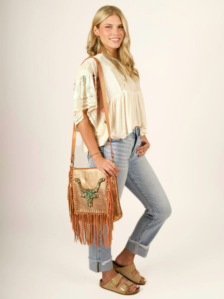 Kurtmen Turquoise Nugget Longhorn Peach Metallic Crossbody