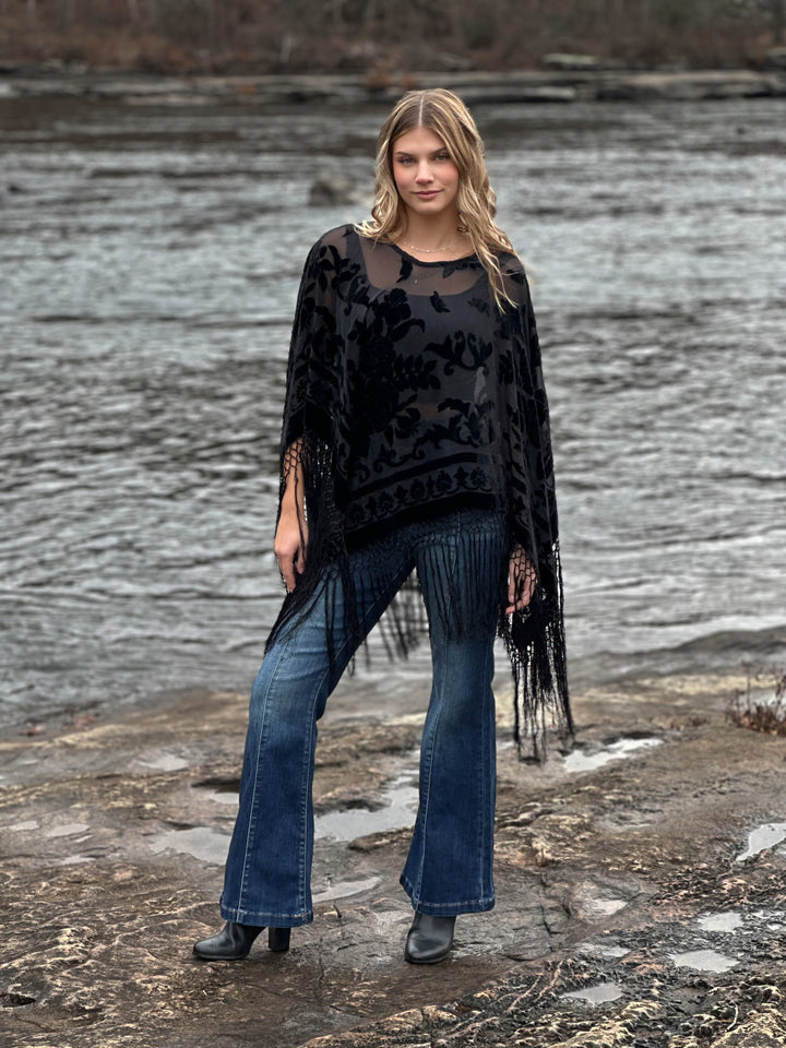 Burnout Velvet Poncho with Fringe