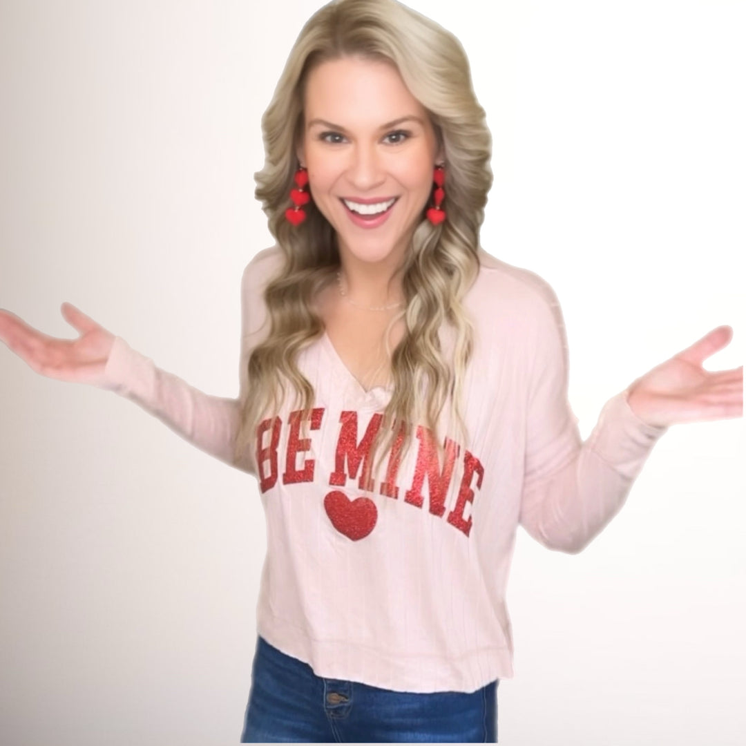 Be mine Glitter Ribbed V Neck Long Sleeve Top - Salt and Grace Boutique