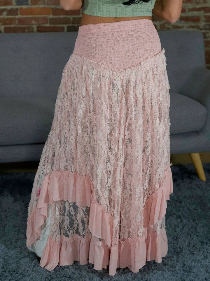 POL Romantic Boho High-Low Lace Skirt with Smocked Waist