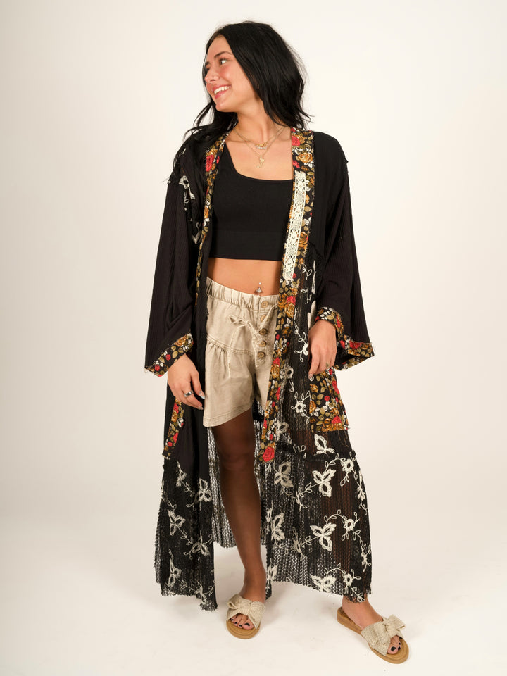 POL Oversized Boho Cardigan - Black Crochet Lace Patch Duster