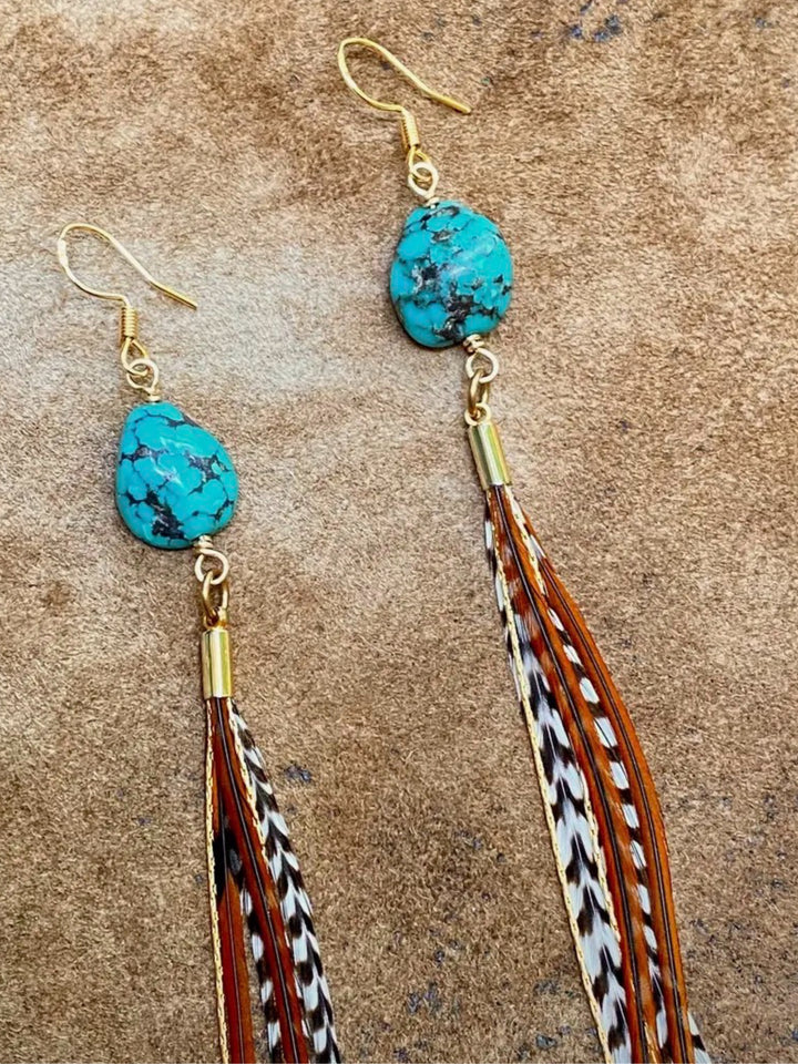 Handcrafted Turquoise & Mini Feather Statement Earrings