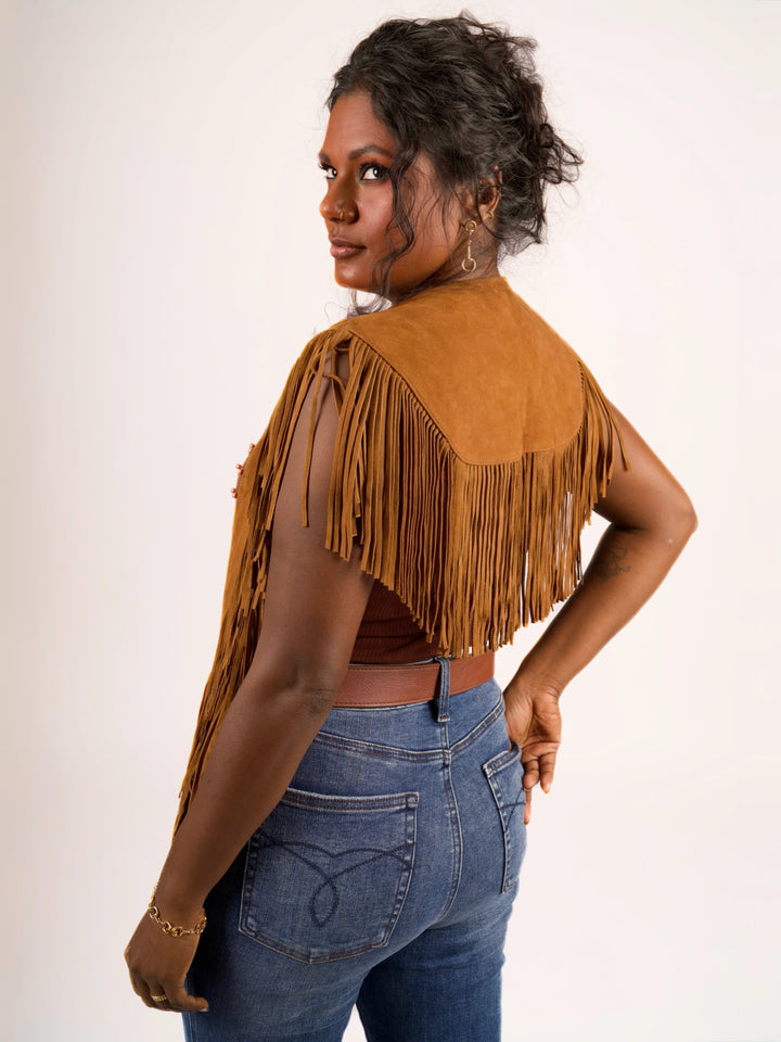 Handcrafted Cognac Suede Leather Fringe Shoulder Collar
