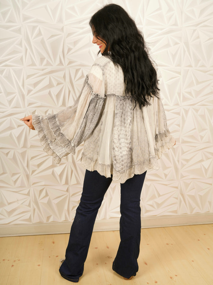 Dreamy Sheer V-Neck Ruffled Button Down Blouse