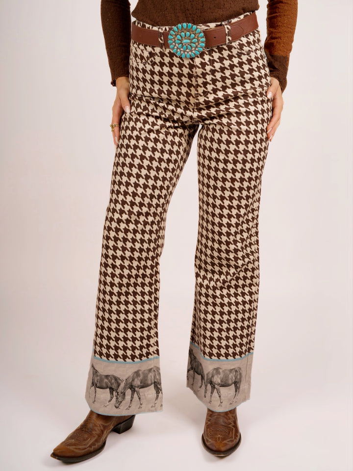 Cowgirl Ranch Horse Hem Wide Leg High Rise Jeans